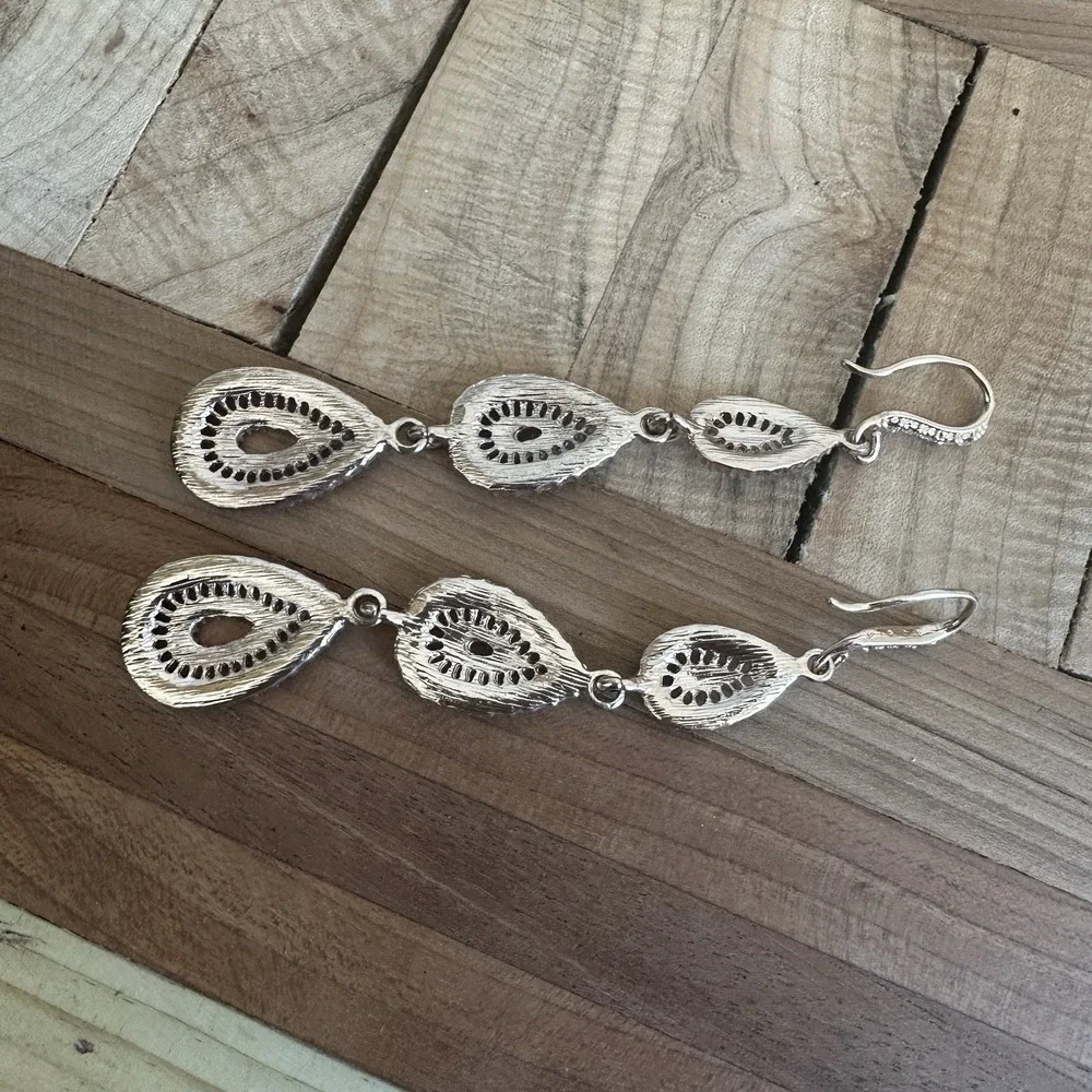 Vintage Teardrop Dangle‎ Drop Earrings 3.75 Inch Pave Clear Rhinestone Gold Tone